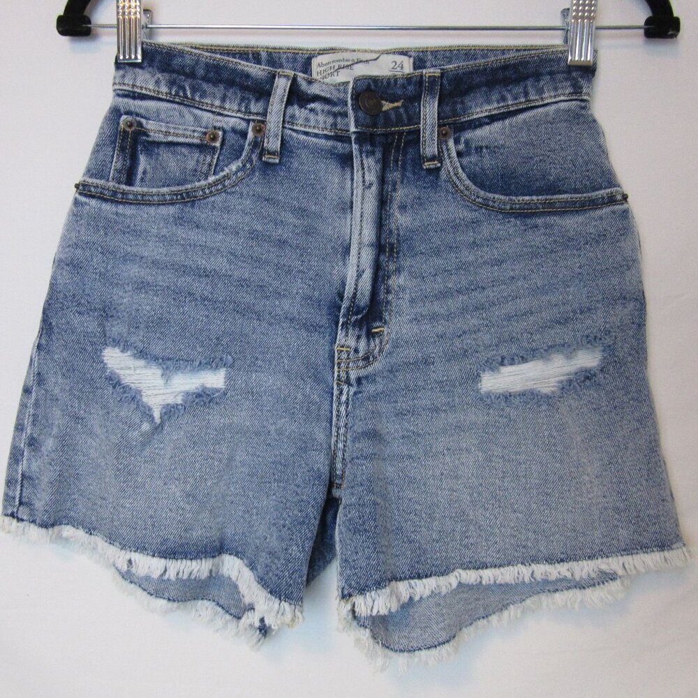 Abercrombie & Fitch High Rise Short Acid Wash Distressed Blue Jean Shorts 24